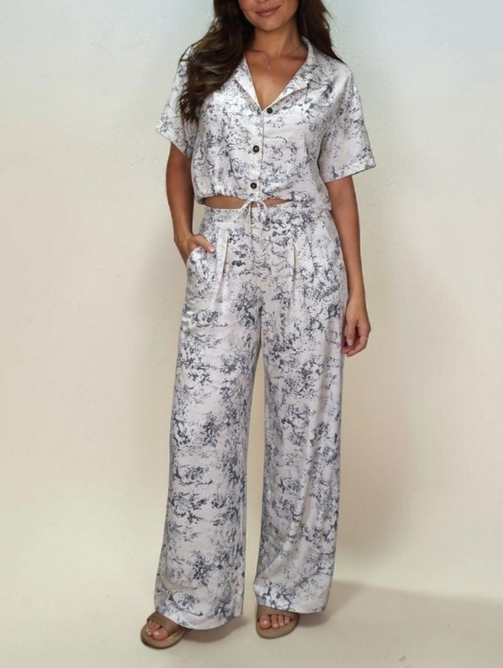 Aakaa Matching Set Toile Print Cropped Button-Up Top Wide Leg Pants Size Large